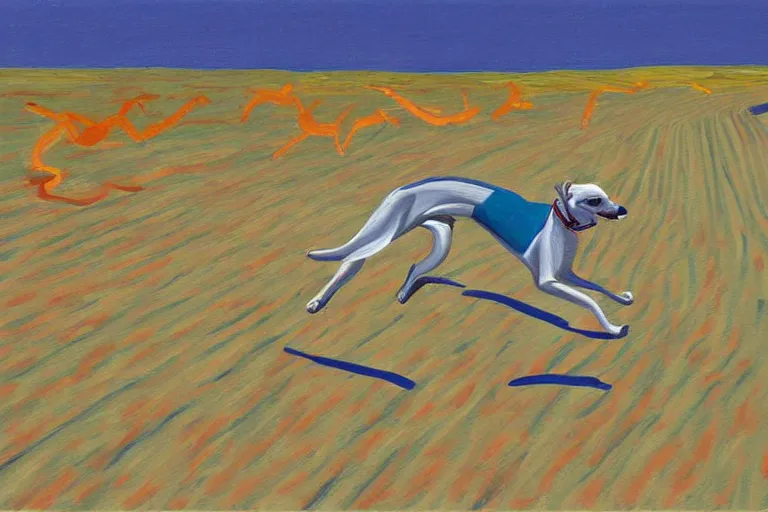 Prompt: whippet running at beach, painting by david hockney, highly detailed