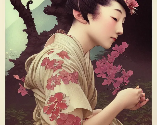 Image similar to photography of ohara koson, deep focus, d & d and mtg, fantasy, intricate, elegant, highly detailed, digital painting, artstation, concept art, matte, sharp focus, illustration, hearthstone, art by artgerm and greg rutkowski and alphonse mucha