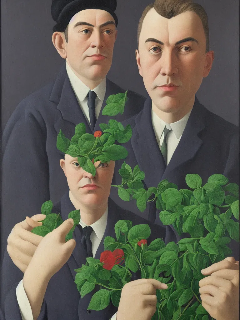 Image similar to portrait of a flower man by rene magritte, detailed painting, hd, hq, high resolution, high detail, 4 k, 8 k