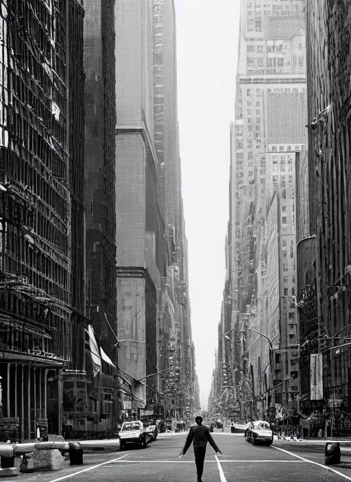 Prompt: film still, tarzan walk on the street of new york, symmetrical, 8 k, medium - format print, half body shot