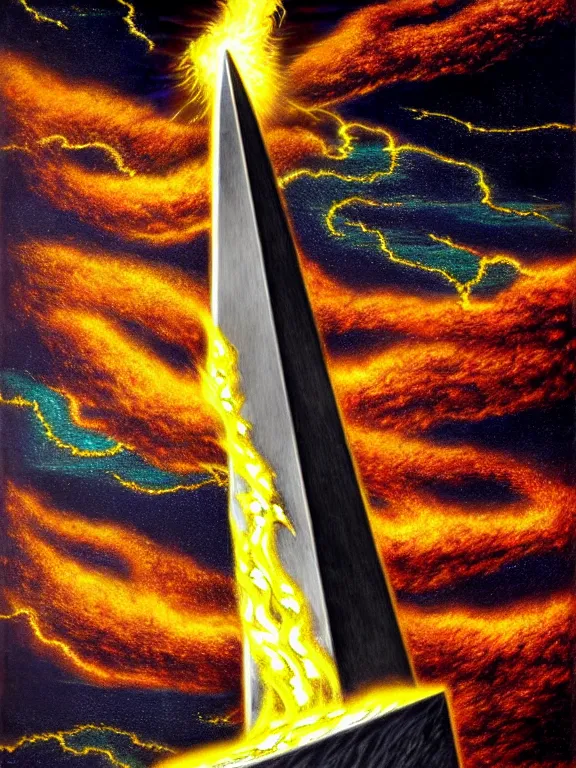 Prompt: savage electric flames of gold and silver engulfing an obsidian obelisk by ed emshwiller, rococo, smoky, beautiful, mythical, mystical, highly detailed, hyperrealistic, energy, low light, high contrast, lifelike, bright sky