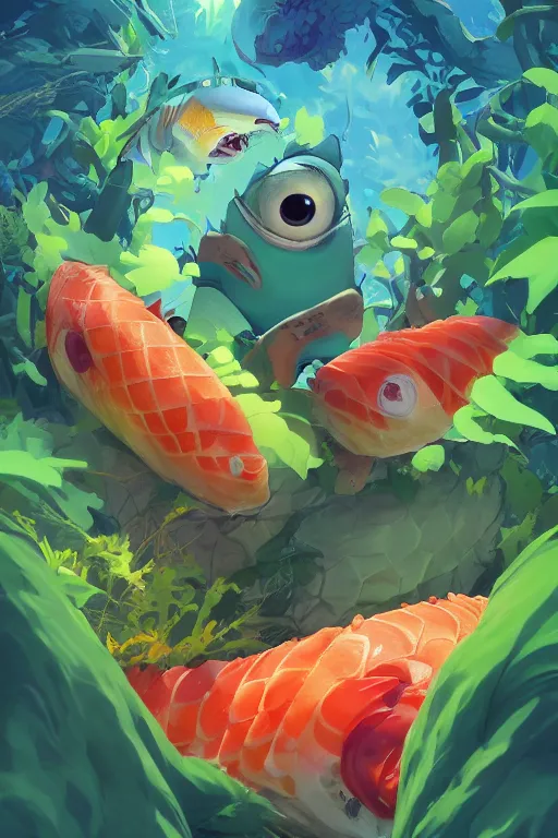 Image similar to 3 d render creature animal sushi cristal very big eye roots cactus elemental flush of force nature micro world fluo fishscale, comics gta 5 cover, official fanart behance hd artstation by jesper ejsing, by rhads, makoto shinkai and lois van baarle, ilya kuvshinov, ossdraws