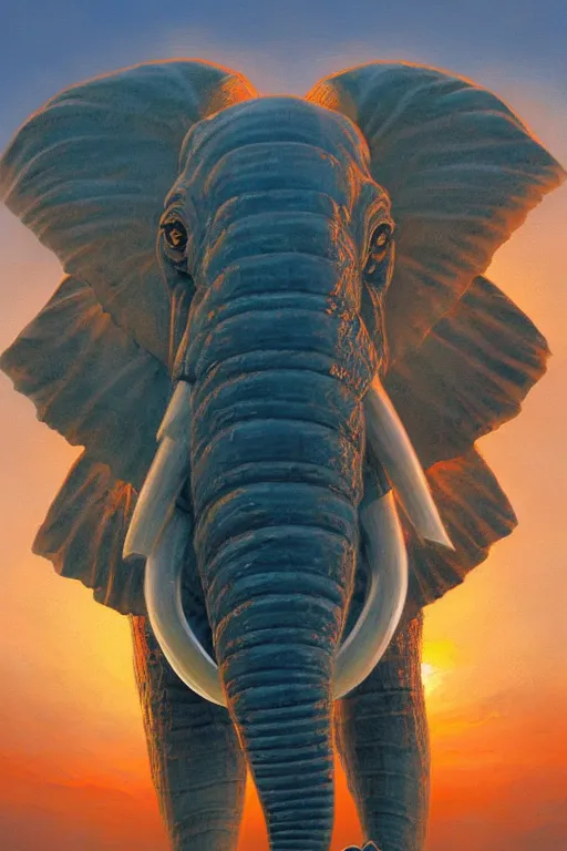 Image similar to spiritual twin flame elephant art, sunset hue, highly detailed, oil painting hue, by craig mullins