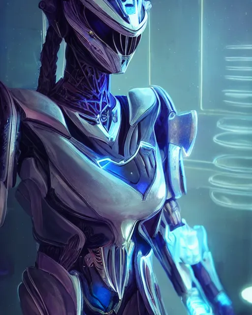 Image similar to perfect aidra fox, warframe armor, beautiful, dreamy, pretty face, blue eyes, portrait, bright light, scifi, utopian architecture in the background, laboratory, ultra realistic, intricate, glow, cinematic, extreme details, focused, masterpiece, art by seunghee lee, blair armitage