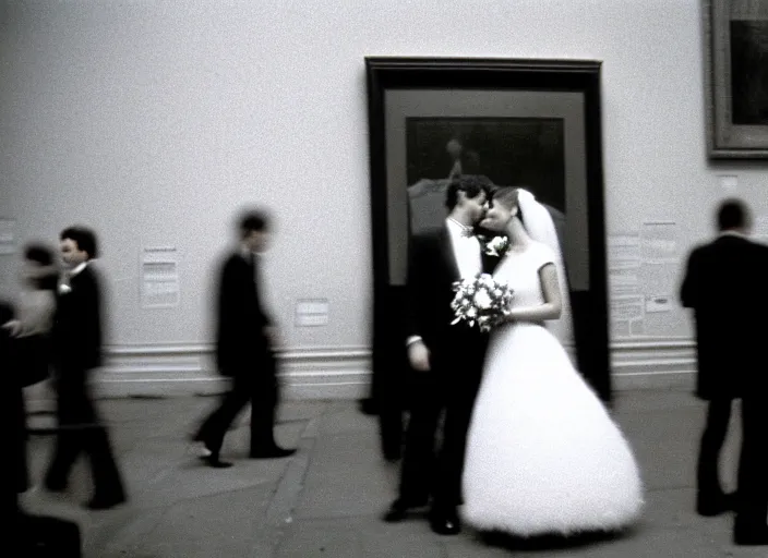 Prompt: realistic documentary portrait photo of a wedding slowly morphing into white fluffy hairy clouds, common street, front view, grain 1 9 9 0, life magazine reportage photo, metropolitan museum photo