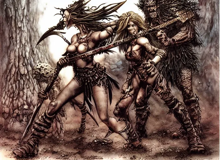 Prompt: bald barbarian girl fights goblins by Luis Royo, Richard Corben