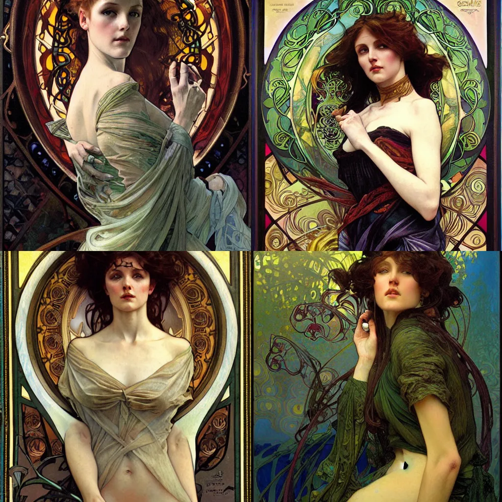 Prompt: realistic detailed painting of an Irish woman by Alphonse Mucha, Amano, Karol Bak, Greg Hildebrandt, Jean Delville, and Mark Brooks, Art Nouveau, Neo-Gothic, gothic, rich deep moody colors