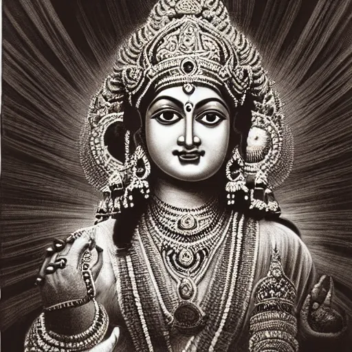 Prompt: A high-resolution, detailed photograph of the beautiful! Hindu goddess Gayatri by Ansel Adams, dramatic lighting