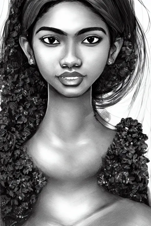 Prompt: A bust of a beautiful black skinned Sri Lankan girl with smiling lips and smooth eyebrows and straight hair, HD, illustration, epic, fantasy, intricate, elegant, amazing detail, digital painting, artstation, concept art, smooth, sharp focus, illustration, art by Turine Tran