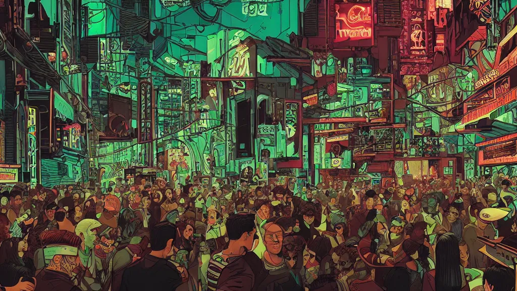 Image similar to very detailed, prophet graphic novel, ilya kuvshinov, mcbess, rutkowski, simon roy, illustration of a cyberpunk nightclub, wide shot, colorful, deep shadows, briliant lights