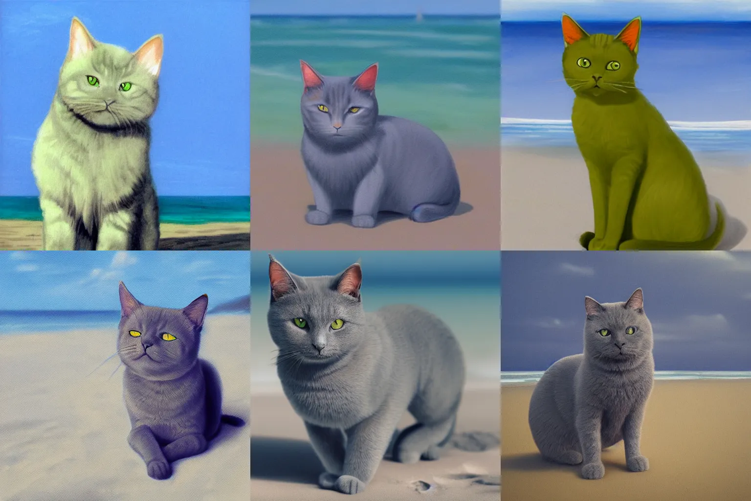 Prompt: Chartreux cat on the beach, beautiful, warm, trending on artstation