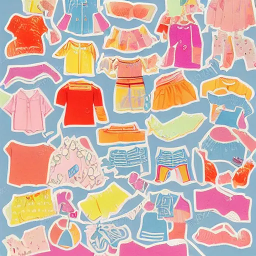 Prompt: cute random stickers of 7 0 s vintage clothes, colourful pastel illustration style