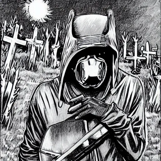 Image similar to MF DOOM wearing MF DOOM mask standing in a graveyard with a dug up coffin