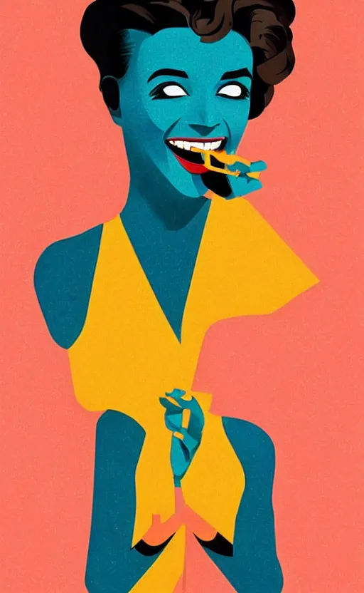 Image similar to illustration with a modern woman with short hair laughing out loud, art deco painting by tom whalen, funny meme photo, trending on behance, digital illustration, storybook illustration, grainy texture, flat shading, vector art, airbrush, pastel, watercolor, poster