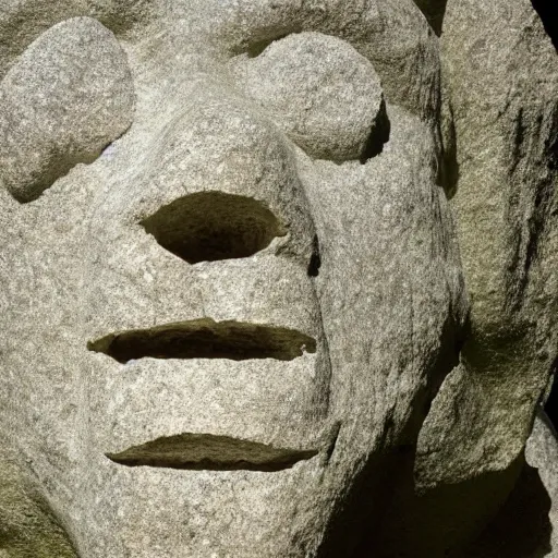 Image similar to by cerith wyn evans placid. a computer art of a large granite boulder carved to resemble a human face. the nose is slightly upturned, & the eyes & mouth are closed.