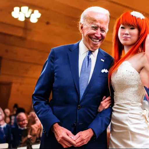 Prompt: professional photograph of Joe Biden and Asuka Langley getting married, very detailed, very intricate, 8k,