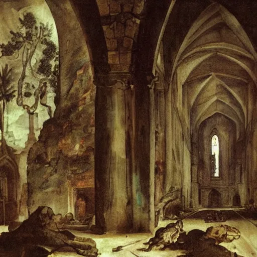 Prompt: Medieval cathedral interior invaded by thermites and jungle vegetation. Painting by Gericault