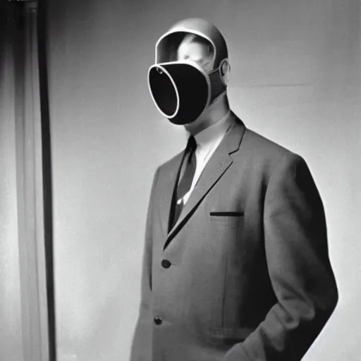 Image similar to man wearing a reel projector mask, in a suit, 1960 photograph
