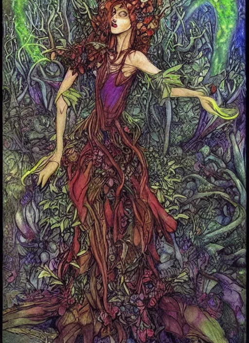 Image similar to junoesque fey queen, vine dress, glowing forest, strong line, eerie color, beautiful! coherent! by brian froud