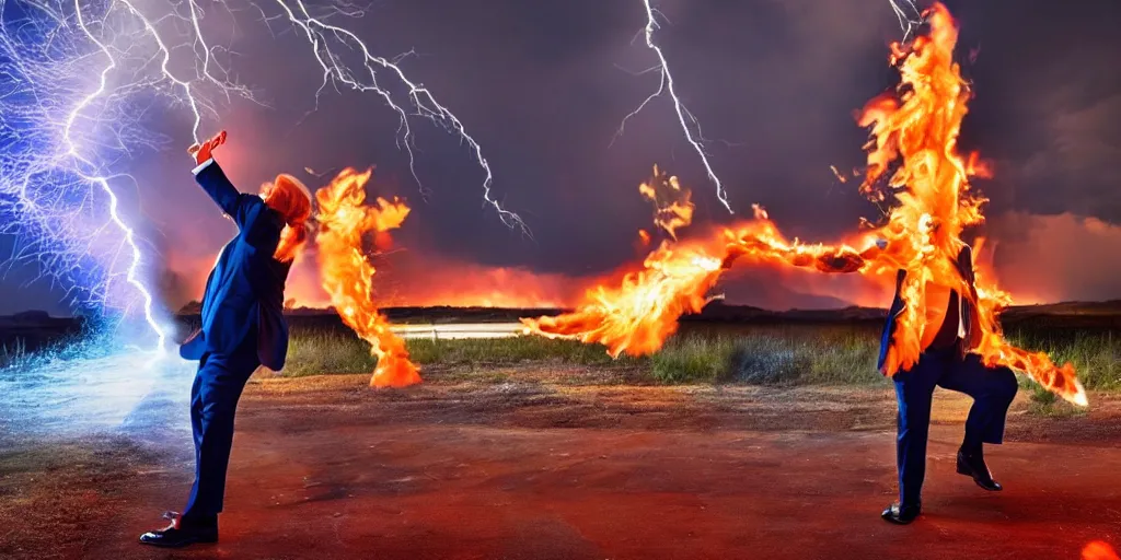 Image similar to donald trump shooting fire from his hands, colorful hd picure, lightning in the background