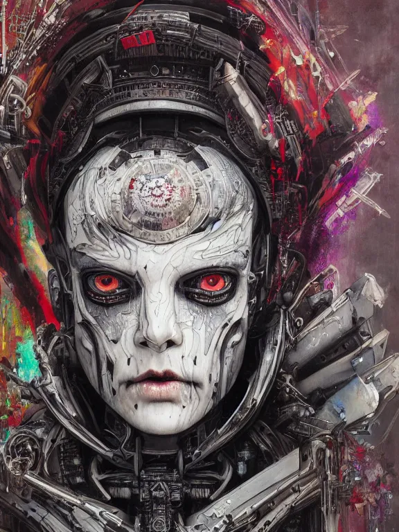 Image similar to art portrait of an undead ghost in the shell, intricate detailed armour ,8k,by tristan eaton,Stanley Artgermm,Tom Bagshaw,Greg Rutkowski,Carne Griffiths, Ayami Kojima, Beksinski, Giger,trending on DeviantArt,face enhance,hyper detailed,minimalist,cybernetic, android, blade runner,full of colour,