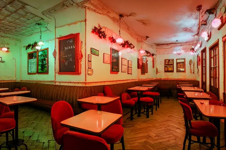 Image similar to old belarussian cafe, vaporwave colors, state of melancholy, romantic, dimmed lights, realistic