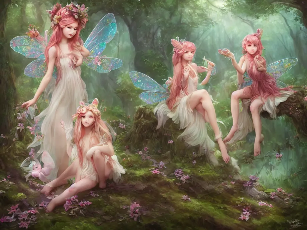 Image similar to two cute fairy in the dreamy forest, fantasy, dreamlike, 8 k resolution, hyper detailed, d & d, character design, digital painting, trending on artstation, sharp focus, illustration, art by artgerm, viktoria gavrilenko, hoang lap, fuji choko, steve zheng