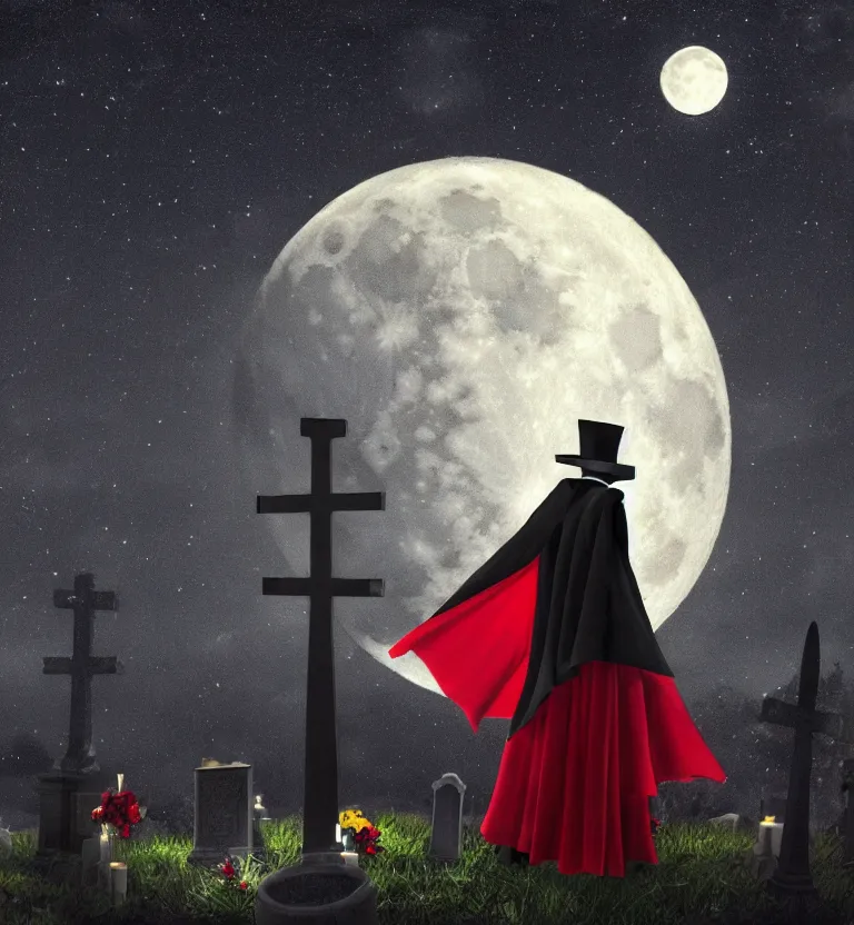 Image similar to a mysterious black man in a cemetery on a full moon night wearing a top hat that hides his face and a beautiful black and red cape while holding a poseidon trident, a realistic painting, moonlight, detailed.