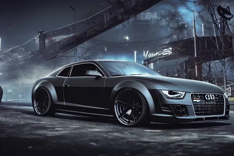 Image similar to widebody all black audi camaro b 8 ( 2 0 1 3 ), need for speed : carbon, at night, sci - fi, neon lines, phonk music background, smoke behind wheels, noise, dark, establishing shot, by simon stalenhag