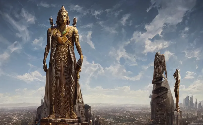 Prompt: giant statue of anunnaki god anu on top of a hill overlooking a cyberpunk city, hyperrealistic concept art, detailed, sharp focus, cgsociety, atmospheric lighting, art by artgerm and greg rutkowski and alphonse mucha