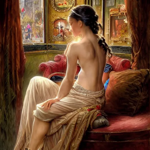 Image similar to a beautiful female is sitting on her living room couch. She is dressed casually and is watching TV, Regal, Realistic, Refined, Detailed Digital Art, Josephine wall, Oil Painting, William-Adolphe Bouguereau, Art Frahm, Esao Andrews, Steampunk, Walt Disney (1937), Highly Detailed, Cinematic Lighting, Unreal Engine, 8k, HD