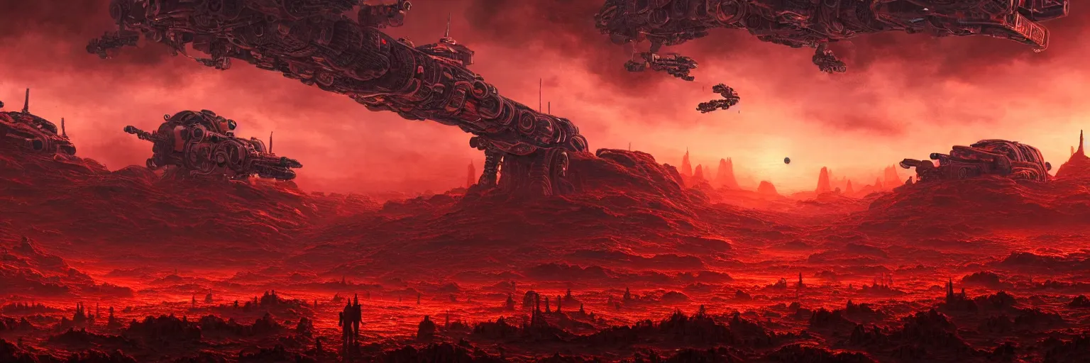 Prompt: ultra realist intricate detailed landscape painting of an alien world, red sky with mech buildings and cyborg tech, symmetry accurate features, very intricate details, bokeh focus, 8 k render, artstyle geoff taylor, award winning