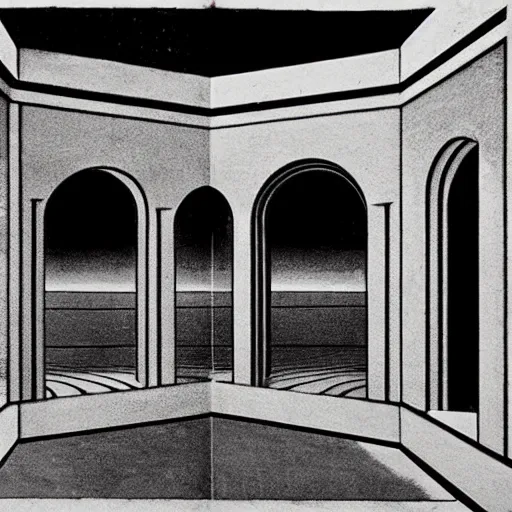 Image similar to a parade of disconnected images : obscure corners of nameless interiors, astronomical diagrams projecting the distances between celestial bodies, a painting by giorgio de chirico, a list of unpopular anagrams.