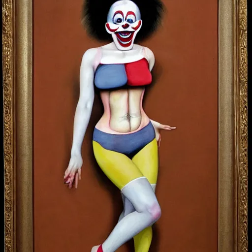 Prompt: portrait of a female birthday clown, full body, painted by Trevor brown