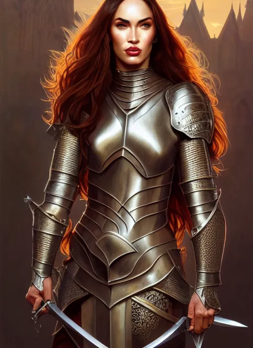 Prompt: portrait of megan fox as a knight, medival armor, redhead, sword, dark ages, intricate, headshot, highly detailed, digital painting, artstation, concept art, sharp focus, cinematic lighting, illustration, art by artgerm and greg rutkowski, alphonse mucha, cgsociety