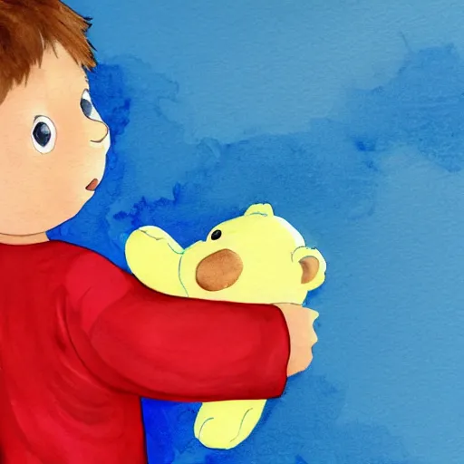 Prompt: little kid with red shirt in his room holding teddy bear in style ofwater colors illustration