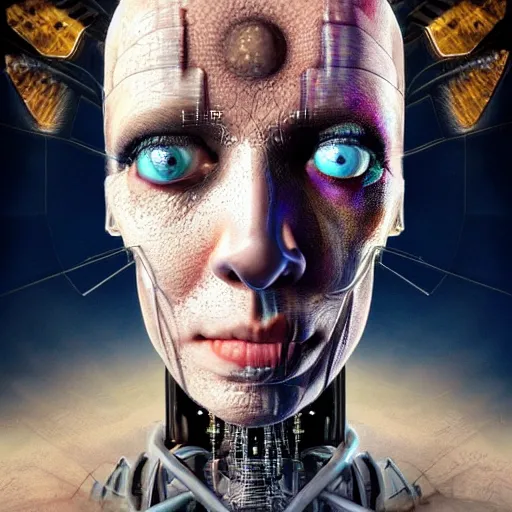 Image similar to full face close up portrait, visions of chaos in a thriving dystopia, by peter woodroffe, by igor morski, by laurie lipton, in a cyber - punk ally, cinematic lighting, volumetric lighting, neosurrealism, realistic shadows, particle effects, rendered in octane, punk, electric, cosmic, cybernetic