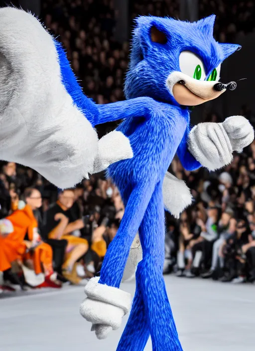 Image similar to hyperrealistic and heavy detailed moncler runway show of sonic the hedgehog, leica sl 2 5 0 mm, vivid color, high quality, high textured, real life