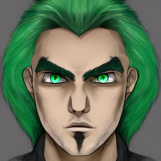 Prompt: Concept art of a man with green hair, with pupils that look like clocks, trending on artstation, anime