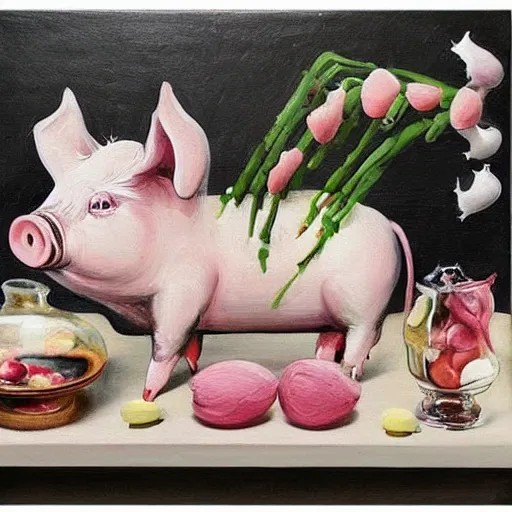 Image similar to “pig paintings and pig sculptures in a pig art gallery, pork, ikebana white flowers, white wax, pink wax, squashed berries, acrylic and spray paint and oilstick on canvas, by munch and Dali”