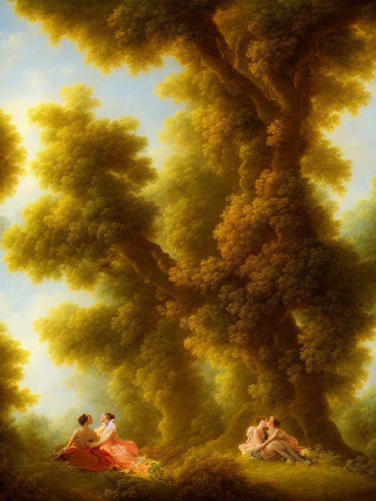 Prompt: painting of the secret lovers kissing against a tree, shaded forest, volumetric light, afternoon, light wind, wild flowers, chiaroscuro, john longstaff, jean - honore fragonard, francois boucher, anna dittmann, 4 k, 4 k