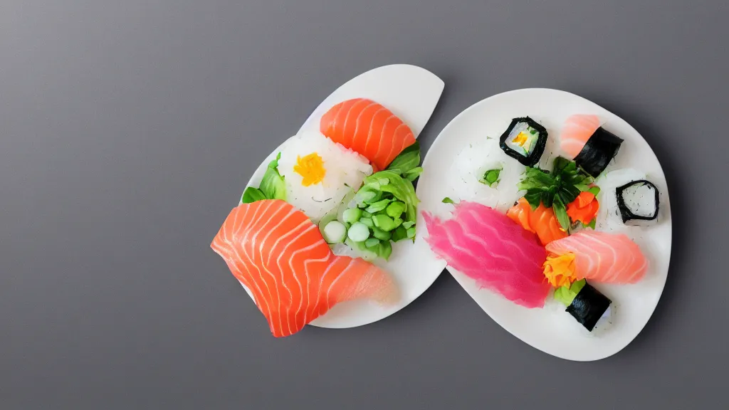 Prompt: an arrangement sushi on a white ceramic platter, japan, a collage painting, in the style of wes anderson, lola dupre, david hockney, isolated on negative white space background dark monochrome neon spraypaint accents volumetric octane render