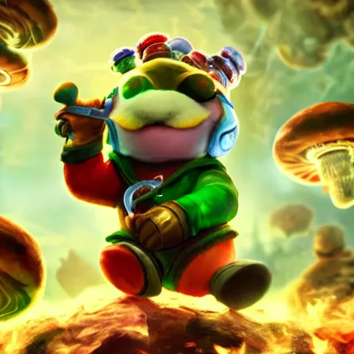 Image similar to teemo from league of legends blowing up magic mushrooms, cinematic cutscene render
