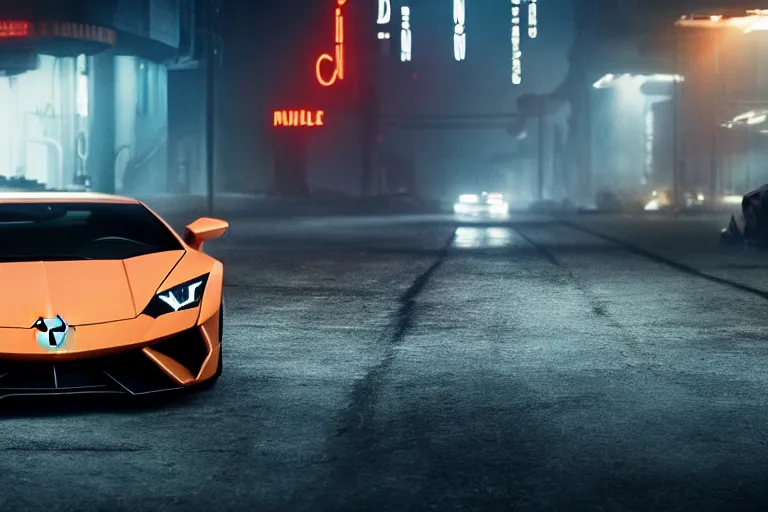 Image similar to A cinematic film still of a Lamborghini in the movie Blade Runner 2049.