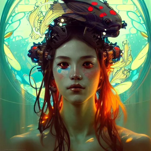 Image similar to Portrait of a lost cyborg girl surrounded by glowing Koi fish, face, fantasy, intricate, elegant, highly detailed, digital painting, artstation, concept art, smooth, sharp focus, illustration, art by Krenz Cushart and Artem Demura and alphonse mucha