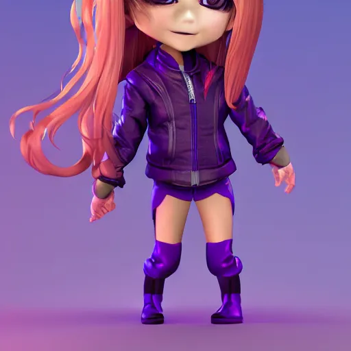 Image similar to portrait of a chibi very cute girl with purple jacket design by antonio mello, carlos ortega elizalde, character modeling, toy design, substance 3 d painter, blender, mental ray, zbrush, soft vinyl, bio luminescent, maximalist sculpted design portrait, studio photo, 7 0 mm lens, trending in artstation