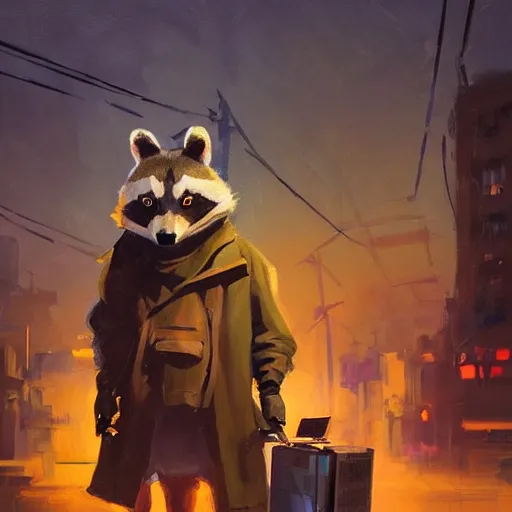 Image similar to greg manchess painting of a trash panda character, holding a box of cables and standing next to old electronic equiptment, medium shot, asymmetrical, profile picture, organic painting, night time, dark, neon lights, matte painting, bold shapes, hard edges, street art, trending on artstation, by huang guangjian and gil elvgren and sachin teng