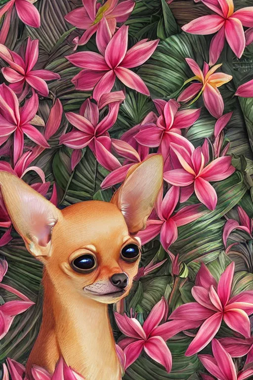 Image similar to ultra realistic illustration, portrait of a tan chihuahua plumeria tropical bouquet background, close up shot, fantasy, intricate, elegant, highly detailed, digital painting, artstation, concept art, smooth, sharp focus, illustration, surrealism