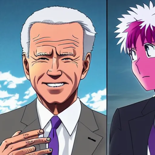 Image similar to key anime visual of joe biden and Saiki Kusuo; official media