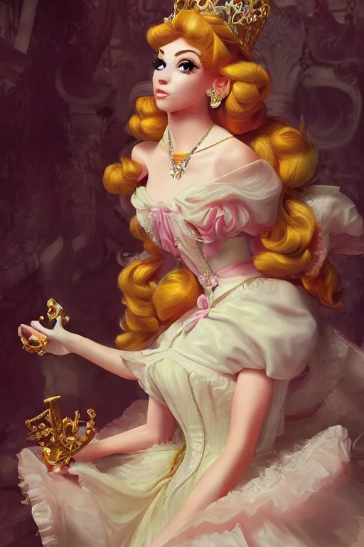 Image similar to Princess peach, super mario, dramatic, elaborate emotive Baroque and Rococo styles to emphasize beauty as a transcendental, 8k image, ultra-realistic, the style of WLOP